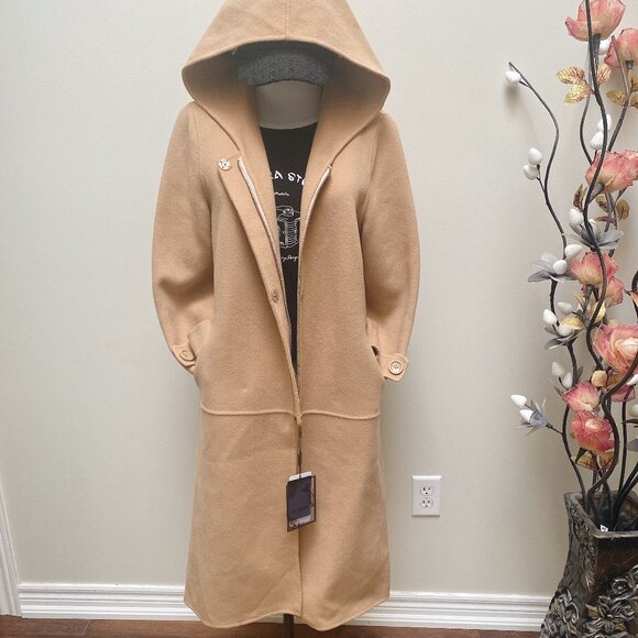 Women’s Long Camel Wool Coat with Hood Winter Overcoat - Picture 1 of 7